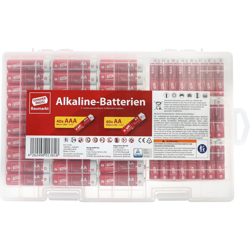 Alkaline-Batterien AA LR06 + AAA LR03 100 St&uuml;ck mit Aufbewahrungsbox image number 1
