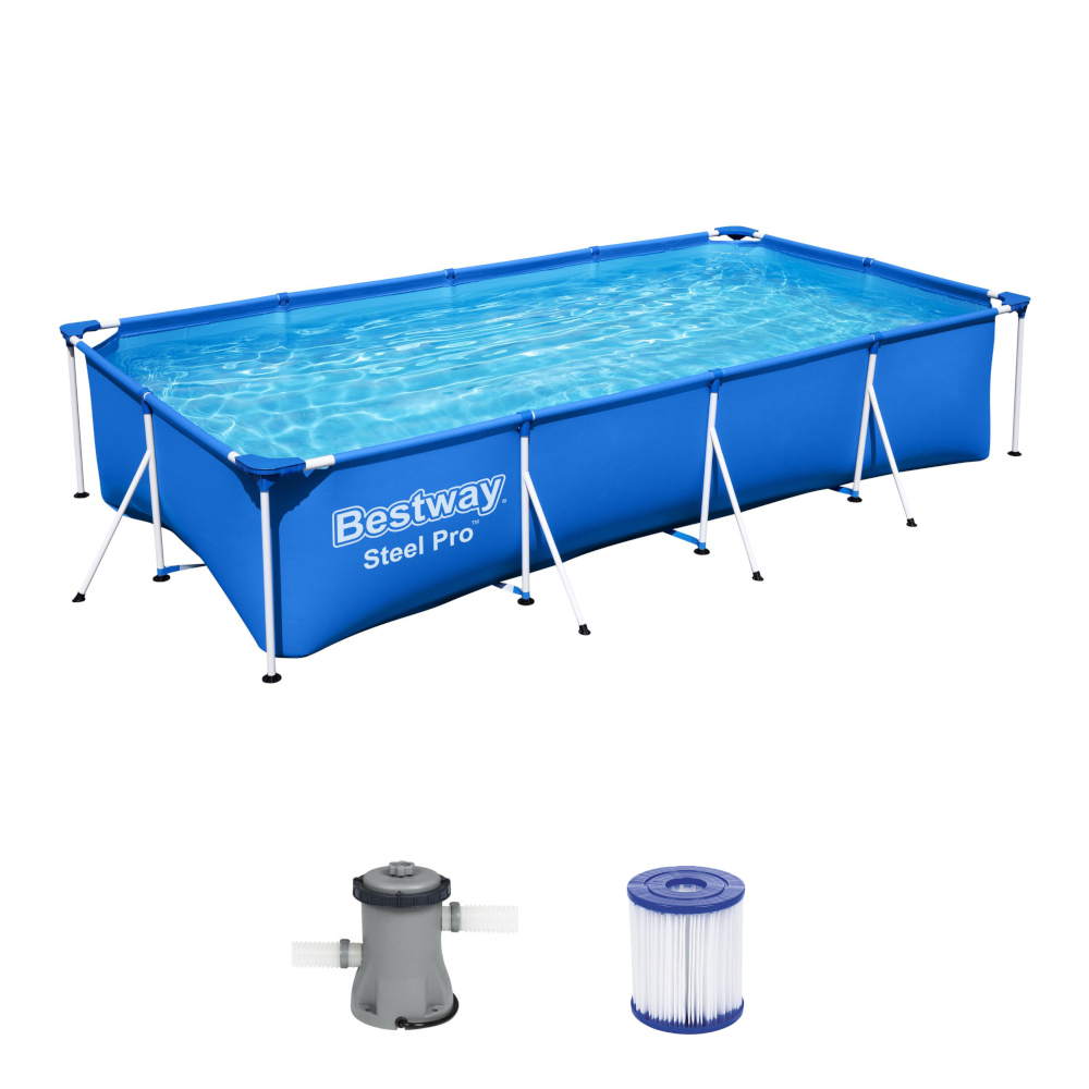 Bestway® Steel Pro Frame Pool-Set eckig mit Filterpumpe