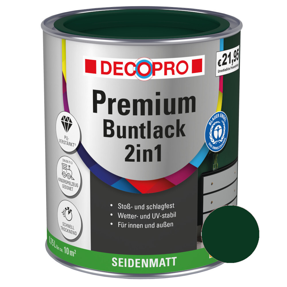 DECOPRO Premium 2in1 Buntlack 750 ml moosgrün, seidenmatt RAL 6005 image number 0