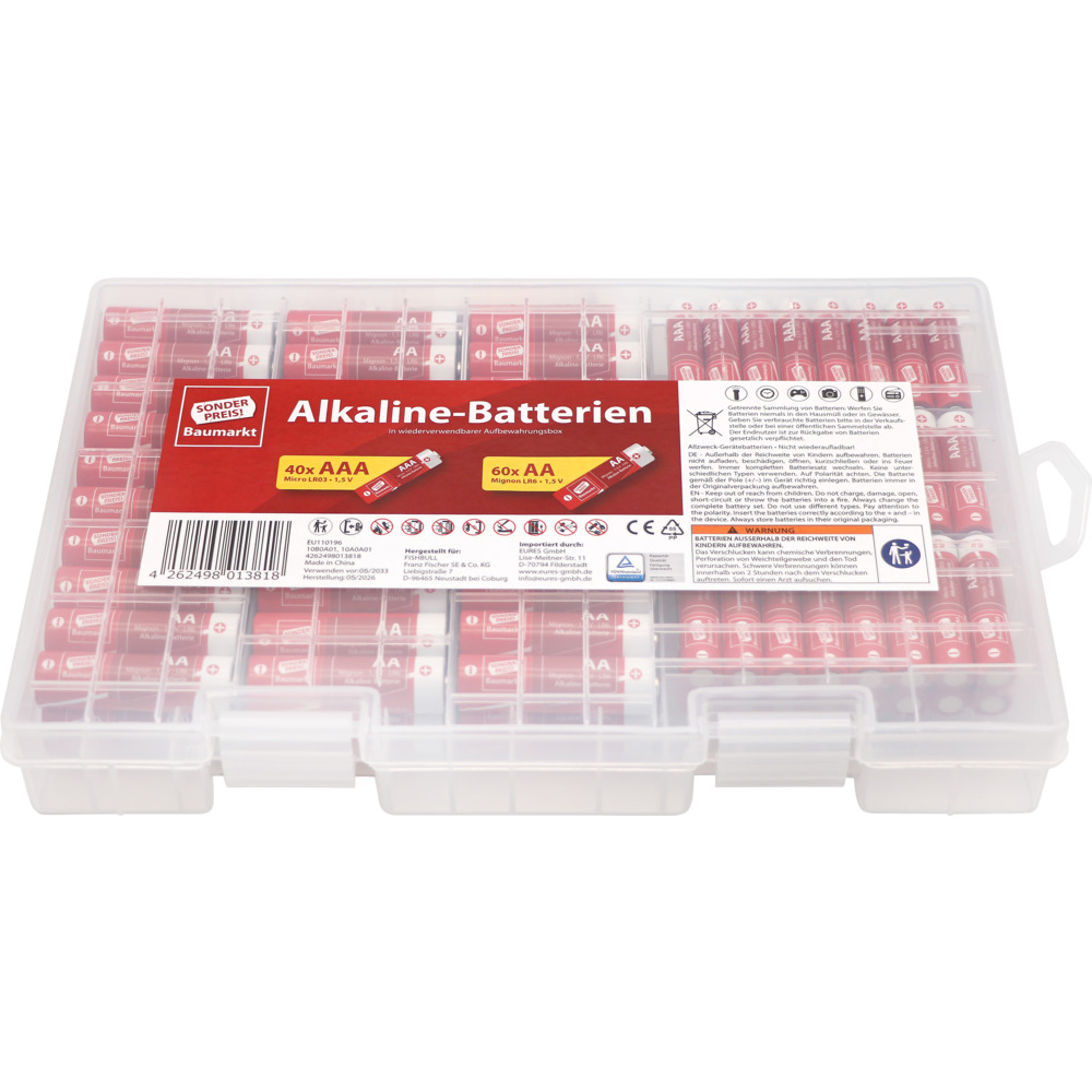 Alkaline-Batterien AA LR06 + AAA LR03 100 St&uuml;ck mit Aufbewahrungsbox image number 2