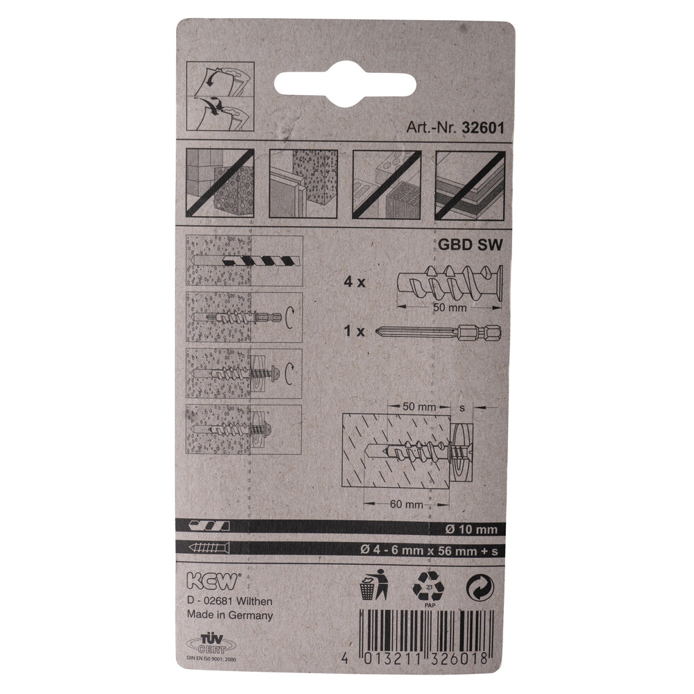 Gasbetondübel 4 Stück 10 x 50 mm mit Setzwerkzeug image number 1