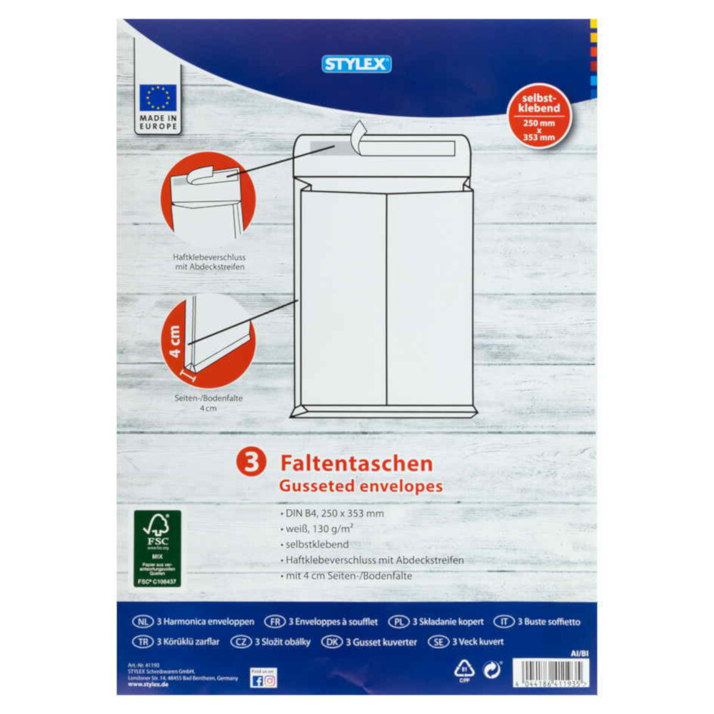Falten-Versandtaschen B4 haftklebend 3 Stück in weiß