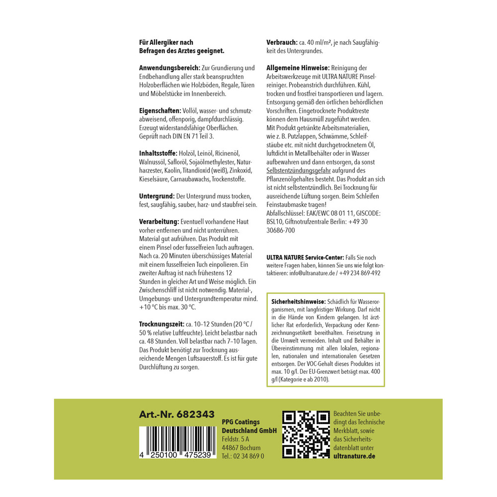 ULTRA NATURE Hartwachsöl farblos 250 ml image number 1
