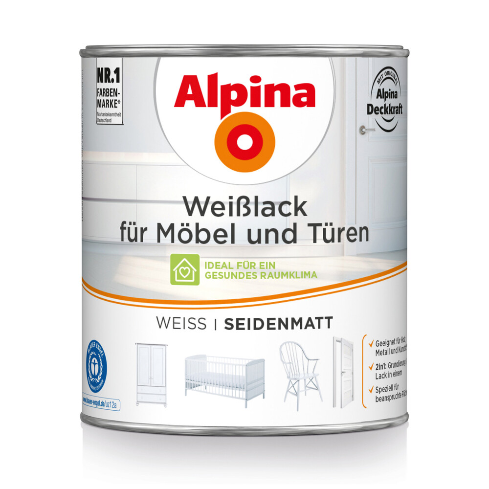 Alpina Wei&szlig;lack f&uuml;r M&ouml;bel und T&uuml;ren seidenmatt 750 ml image number 0