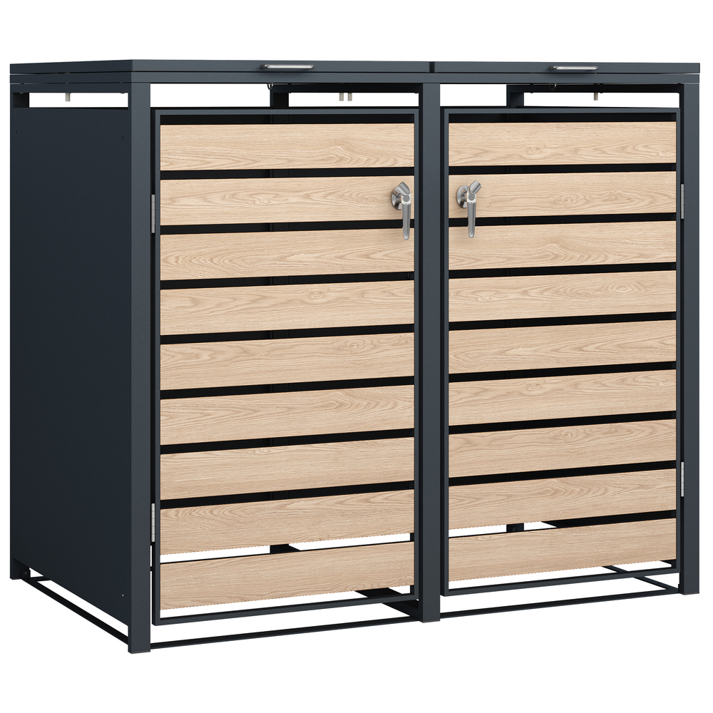 M&uuml;lltonnenbox 2x 240 Liter, Stahl verzinkt, Front in Holzoptik image number 0