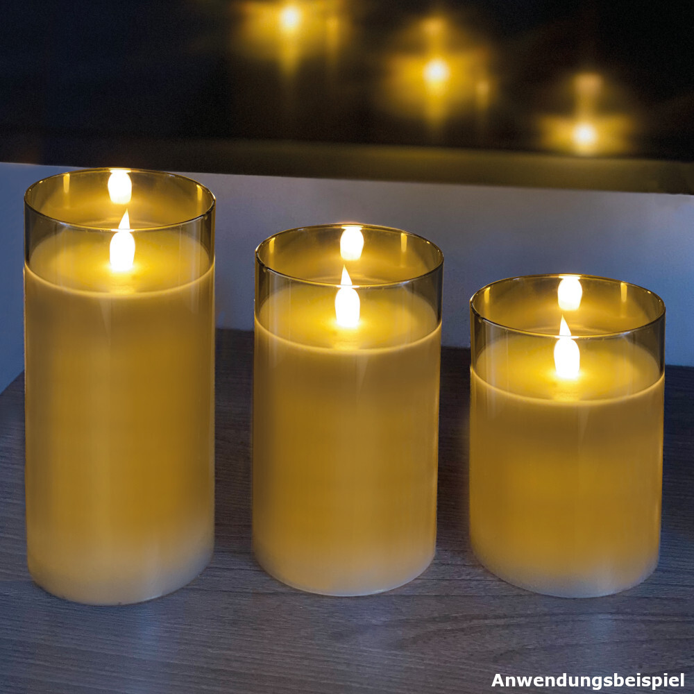 LED Echtwachskerzen Set 3-teilig im Glas warmweiß mit Flackereffekt