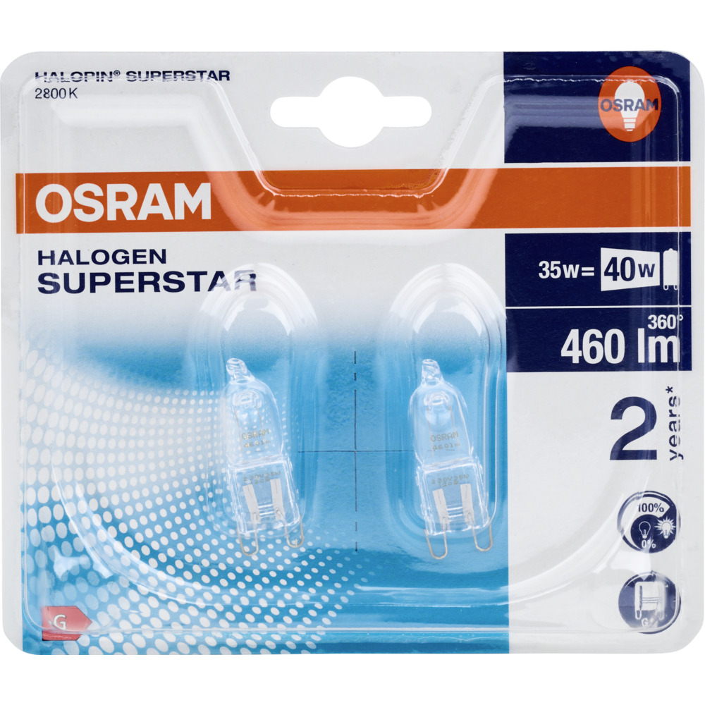 Osram Halogen-Stiftsockellampe G9, 2 Stück 33 W, dimmbar image number 1