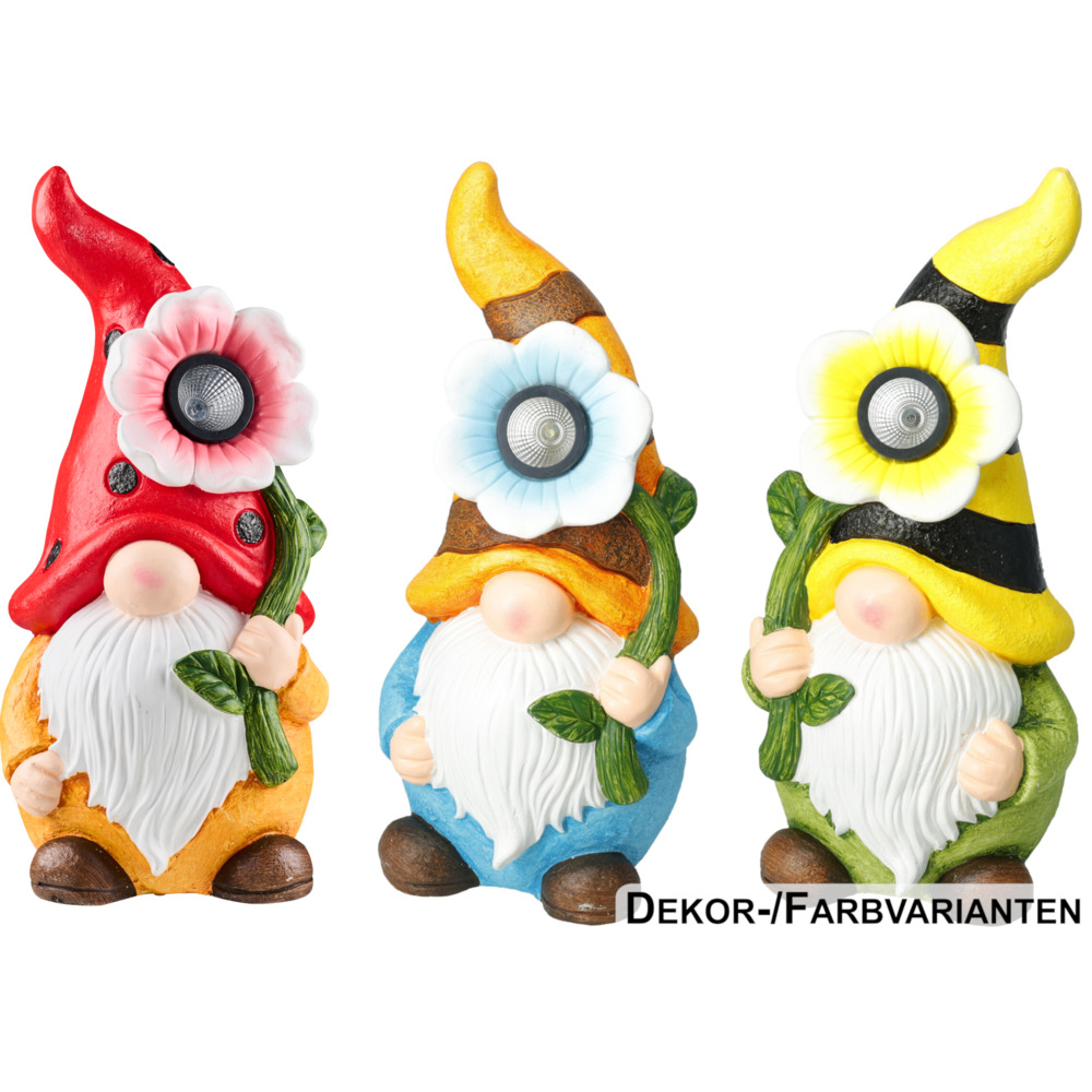 Zwerg mit Solar-LED-Blume, 3-fach sortiert